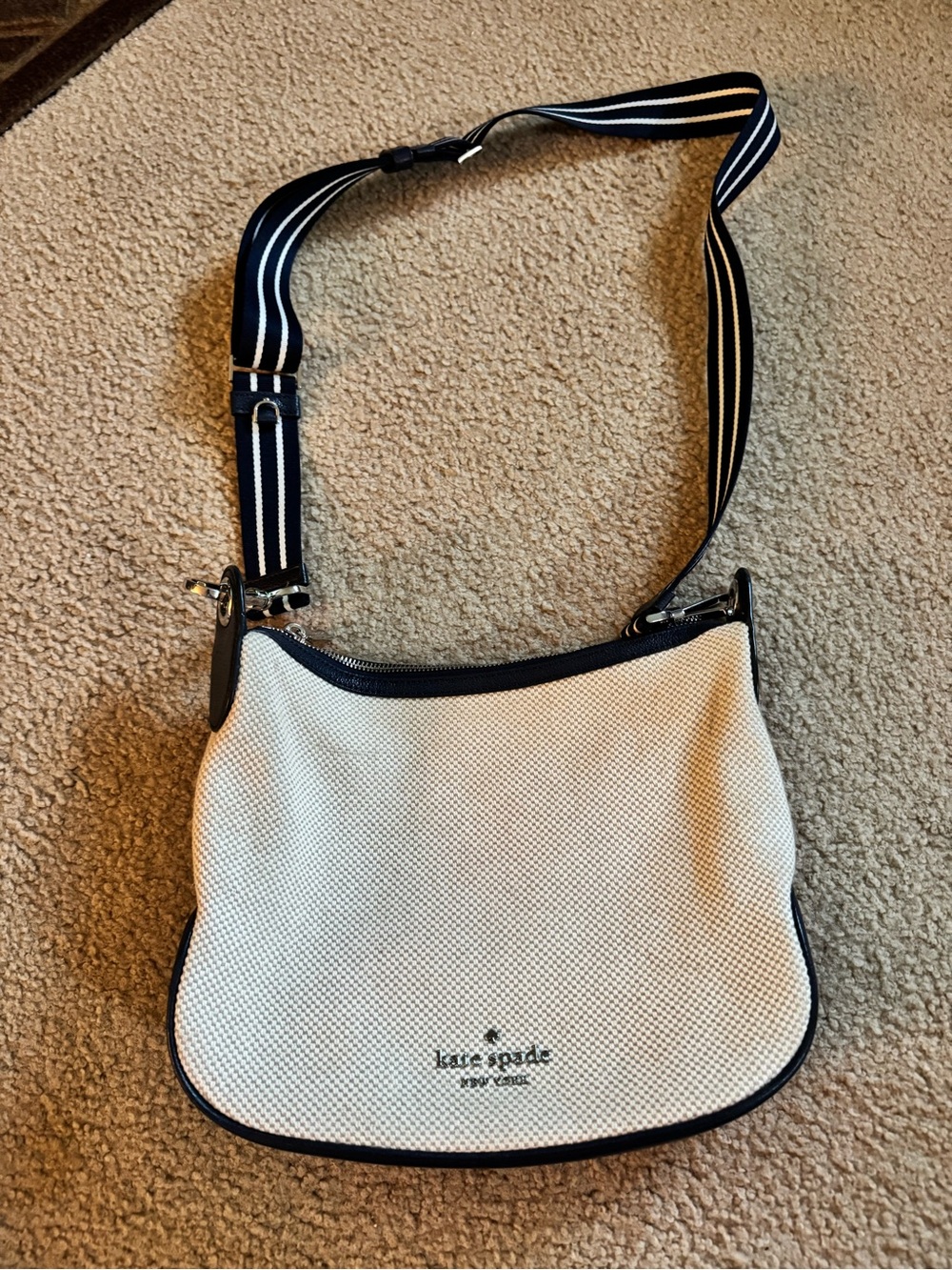 kate spade Cream Canvas Crossbody with Navy Trim and Striped Strap